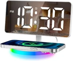 Mpow Alarm Clock For Heavy Sleepers, Digital Alarm Clock For Bedroom Decor, LED Mirror Clock With Adjustable Brightness & Wireless Charging, Automatically Dim At Night, Progressive Volume - White