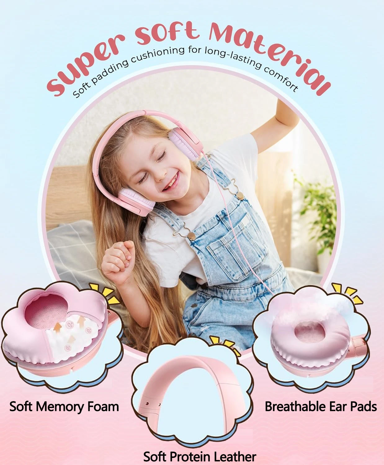 Mpow Kids Headphones For Girls/Boys/Children/Teens Adjustable, Upgraded USB-C Jack, 94dB Safe Volume Stereo Tangle-Free Kids Headphones For School Airplane Travel, Over-Ear Headphones For Kids, Pink 5 Mpow Kids Headphones For Girls/Boys/Children/Teens Adjustable, Upgraded USB-C Jack, 94dB Safe Volume Stereo Tangle-Free Kids Headphones For School Airplane Travel, Over-Ear Headphones For Kids, Pink - Image 3