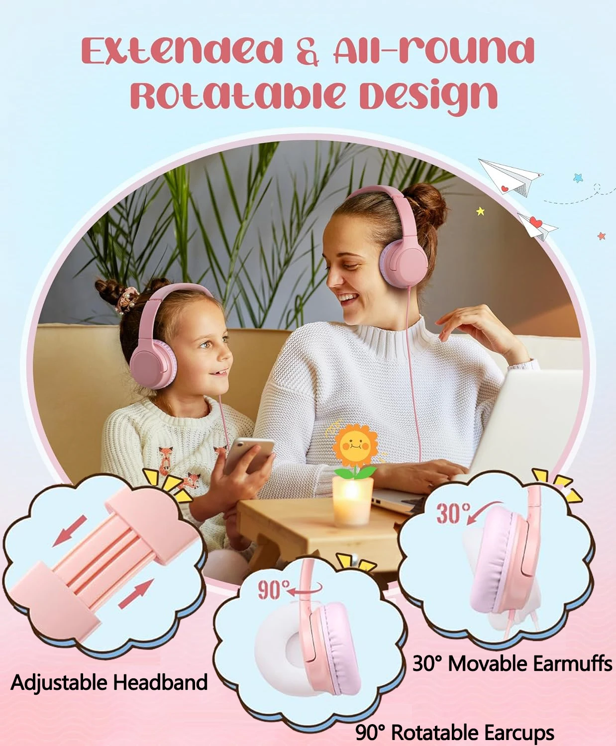 Mpow Kids Headphones For Girls/Boys/Children/Teens Adjustable, Upgraded USB-C Jack, 94dB Safe Volume Stereo Tangle-Free Kids Headphones For School Airplane Travel, Over-Ear Headphones For Kids, Pink 6 Mpow Kids Headphones For Girls/Boys/Children/Teens Adjustable, Upgraded USB-C Jack, 94dB Safe Volume Stereo Tangle-Free Kids Headphones For School Airplane Travel, Over-Ear Headphones For Kids, Pink - Image 4