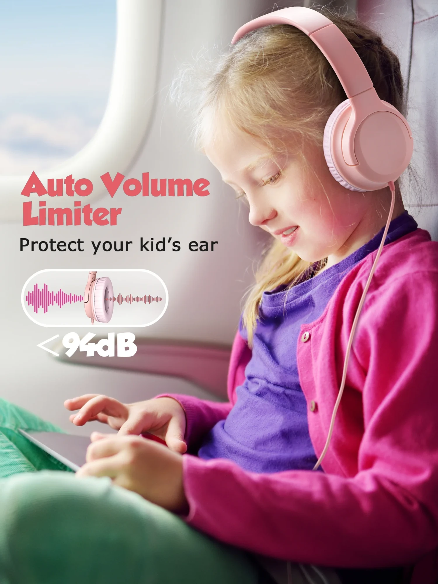 Mpow Kids Headphones For Girls/Boys/Children/Teens Adjustable, Upgraded USB-C Jack, 94dB Safe Volume Stereo Tangle-Free Kids Headphones For School Airplane Travel, Over-Ear Headphones For Kids, Pink 7 Mpow Kids Headphones For Girls/Boys/Children/Teens Adjustable, Upgraded USB-C Jack, 94dB Safe Volume Stereo Tangle-Free Kids Headphones For School Airplane Travel, Over-Ear Headphones For Kids, Pink - Image 5