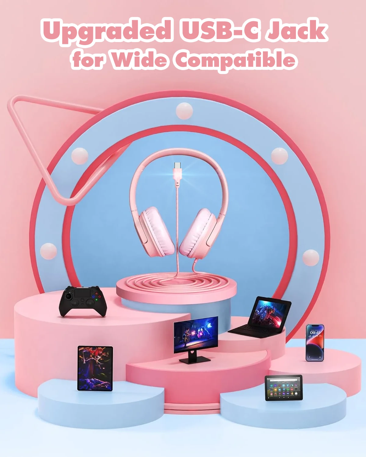 Mpow Kids Headphones For Girls/Boys/Children/Teens Adjustable, Upgraded USB-C Jack, 94dB Safe Volume Stereo Tangle-Free Kids Headphones For School Airplane Travel, Over-Ear Headphones For Kids, Pink 8 Mpow Kids Headphones For Girls/Boys/Children/Teens Adjustable, Upgraded USB-C Jack, 94dB Safe Volume Stereo Tangle-Free Kids Headphones For School Airplane Travel, Over-Ear Headphones For Kids, Pink - Image 6