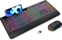 Wireless Keyboard And Mouse Backlit, 2.4GHz Lag-Free Rechargeable Keyboard Full-Size With Phone Holder Tablet Holder, Silent Ergonomic Wireless Keyboard Mouse Combo For Computer, PC, Laptop