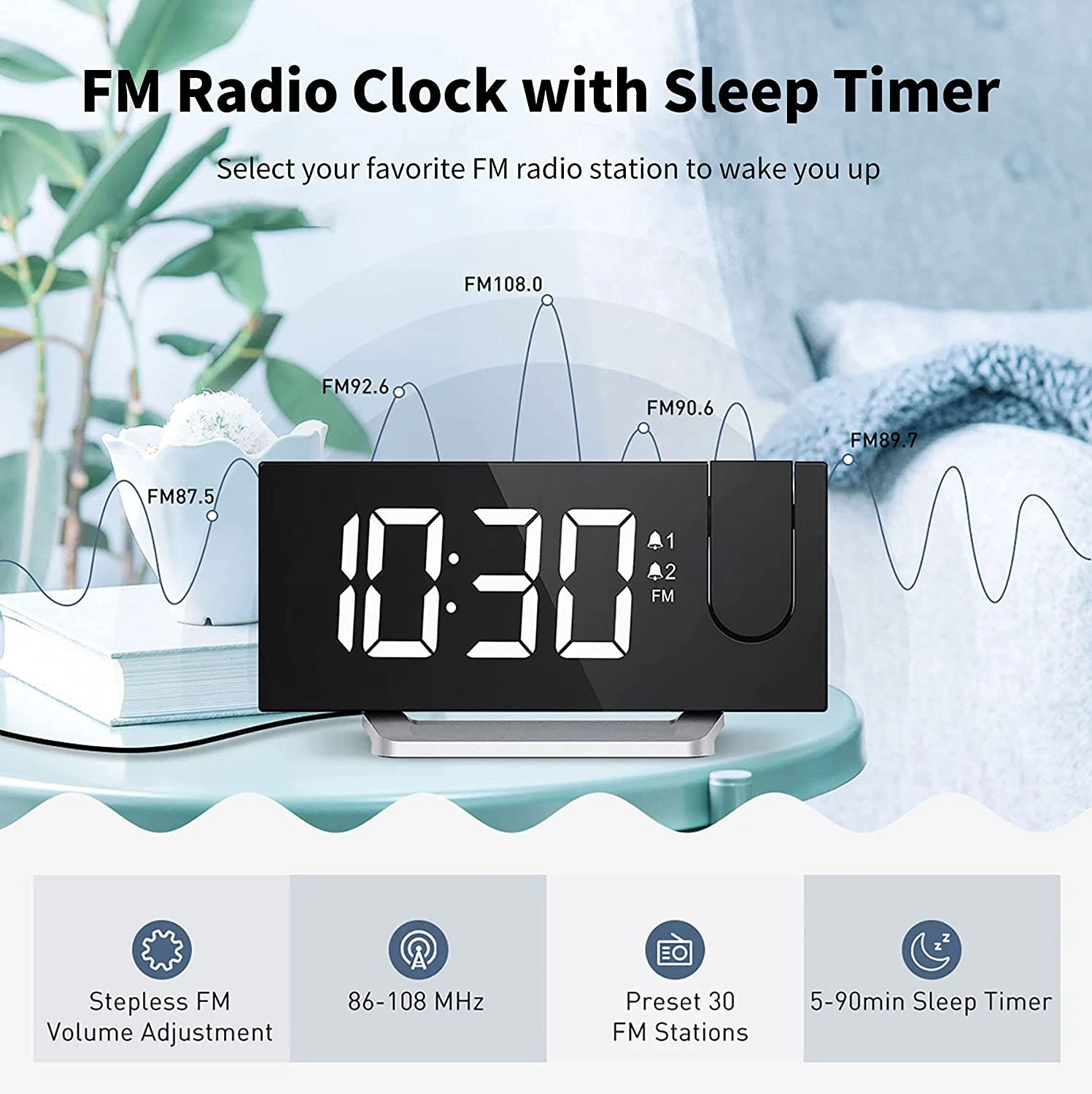 Clock Radios, Projection Alarm Clock With 0-100% Dimmer And FM Radio, Dual Alarm, 5 Alarm Sounds And 3-Level Volume, USB Charger, Clear Readout Digital Alarm Clock For Bedroom 8 Clock Radios, Projection Alarm Clock With 0-100% Dimmer And FM Radio, Dual Alarm, 5 Alarm Sounds And 3-Level Volume, USB Charger, Clear Readout Digital Alarm Clock For Bedroom - Image 6