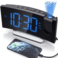 Clock Radios, Projection Alarm Clock With 0-100% Dimmer And FM Radio, Dual Alarm, 5 Alarm Sounds And 3-Level Volume, USB Charger, Clear Readout Digital Alarm Clock For Bedroom