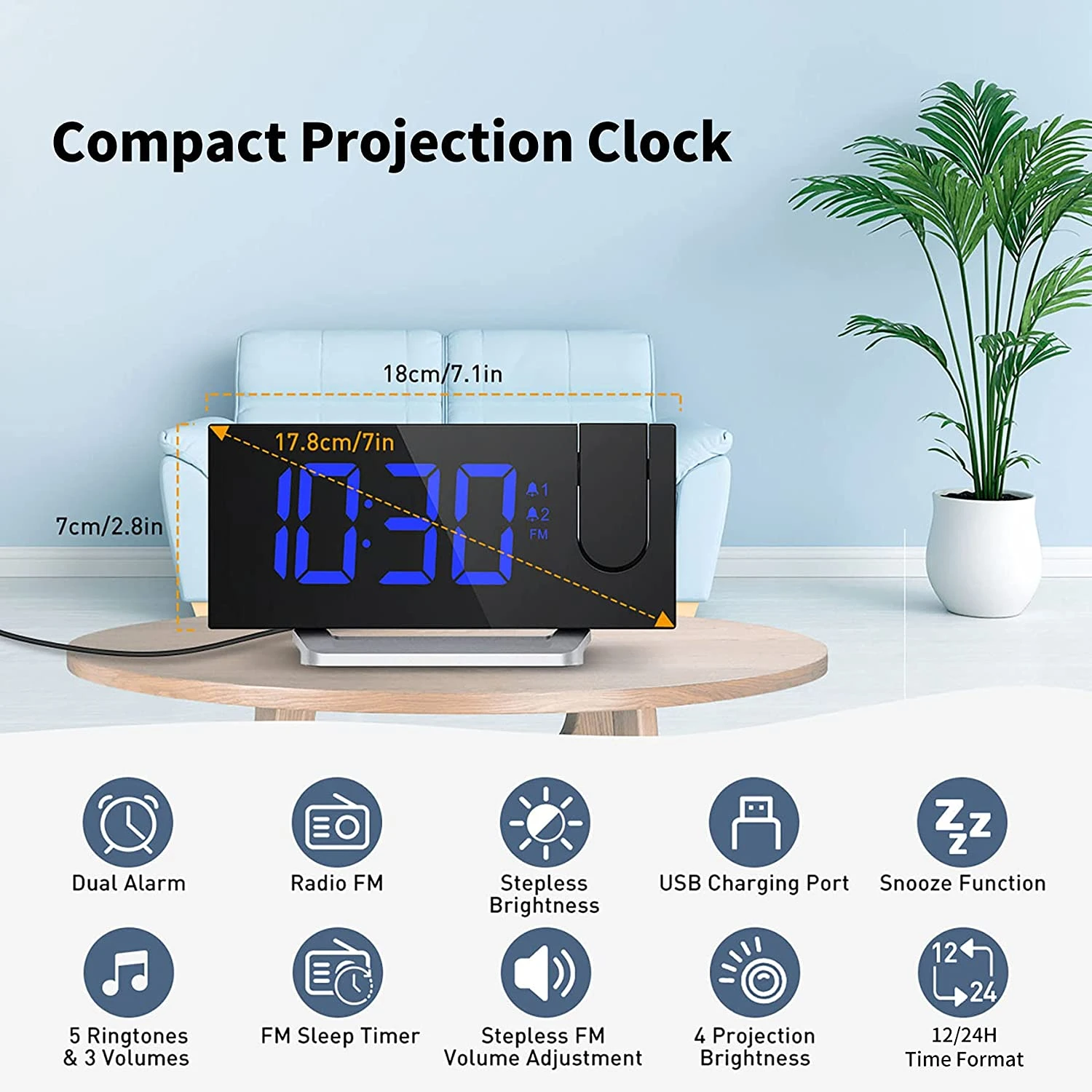 Clock Radios, Projection Alarm Clock With 0-100% Dimmer And FM Radio, Dual Alarm, 5 Alarm Sounds And 3-Level Volume, USB Charger, Clear Readout Digital Alarm Clock For Bedroom 5 Clock Radios, Projection Alarm Clock With 0-100% Dimmer And FM Radio, Dual Alarm, 5 Alarm Sounds And 3-Level Volume, USB Charger, Clear Readout Digital Alarm Clock For Bedroom - Image 3