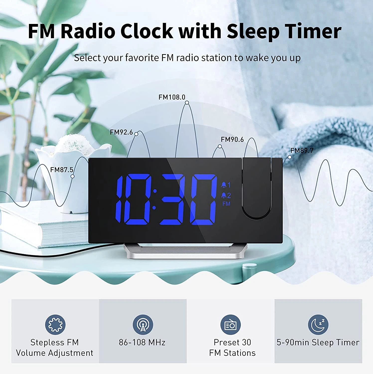 Clock Radios, Projection Alarm Clock With 0-100% Dimmer And FM Radio, Dual Alarm, 5 Alarm Sounds And 3-Level Volume, USB Charger, Clear Readout Digital Alarm Clock For Bedroom 7 Clock Radios, Projection Alarm Clock With 0-100% Dimmer And FM Radio, Dual Alarm, 5 Alarm Sounds And 3-Level Volume, USB Charger, Clear Readout Digital Alarm Clock For Bedroom - Image 5