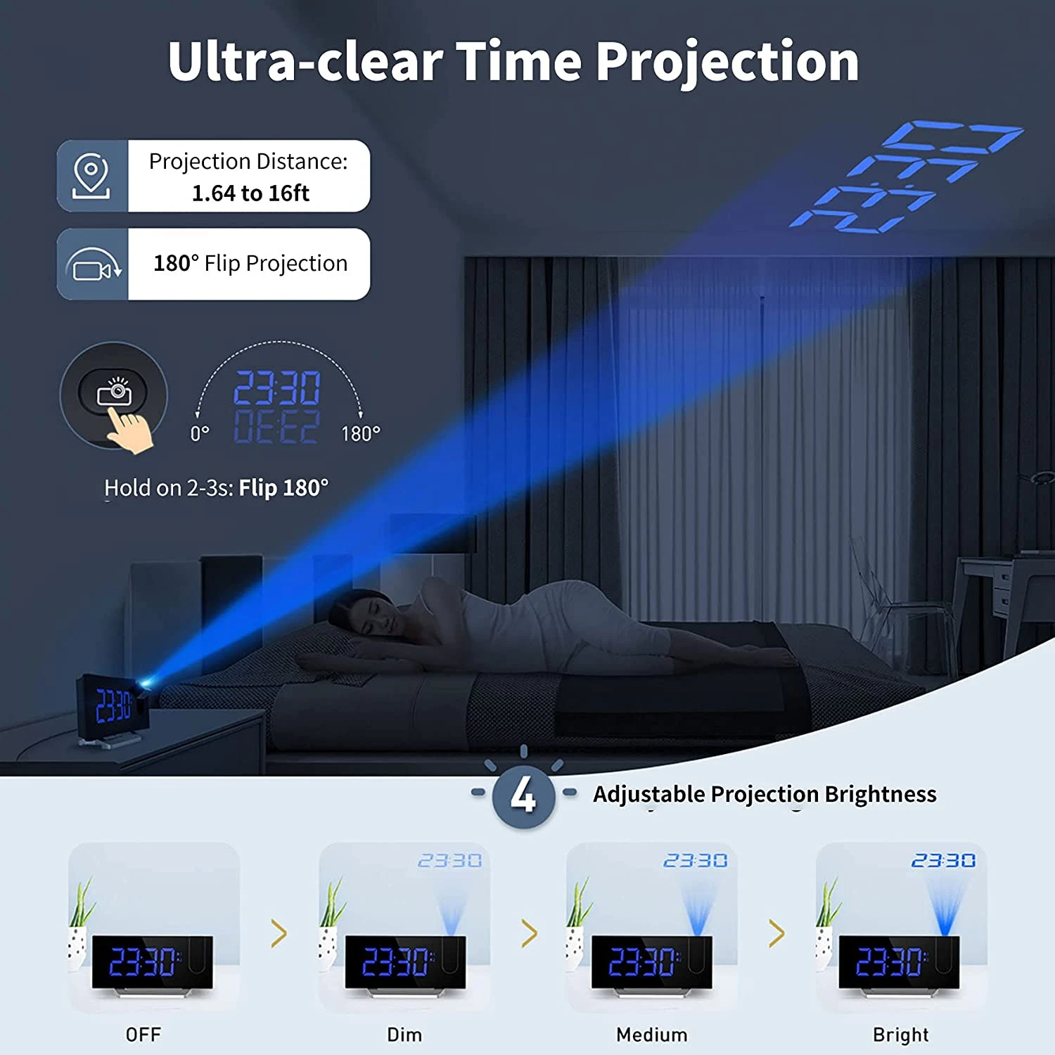 Clock Radios, Projection Alarm Clock With 0-100% Dimmer And FM Radio, Dual Alarm, 5 Alarm Sounds And 3-Level Volume, USB Charger, Clear Readout Digital Alarm Clock For Bedroom 4 Clock Radios, Projection Alarm Clock With 0-100% Dimmer And FM Radio, Dual Alarm, 5 Alarm Sounds And 3-Level Volume, USB Charger, Clear Readout Digital Alarm Clock For Bedroom - Image 2