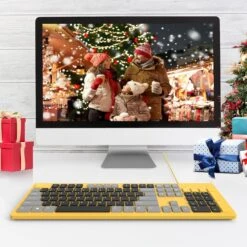 Computer Keyboard Wired, Plug Play USB Keyboard, Low Profile Chiclet Keys, Large Number Pad, Caps Indicators, Foldable Stands, Spill-Resistant, Anti-Wear Letters, Full Size, Yellow -MPOW SHOP 81yNWoty gL. AC SL1500