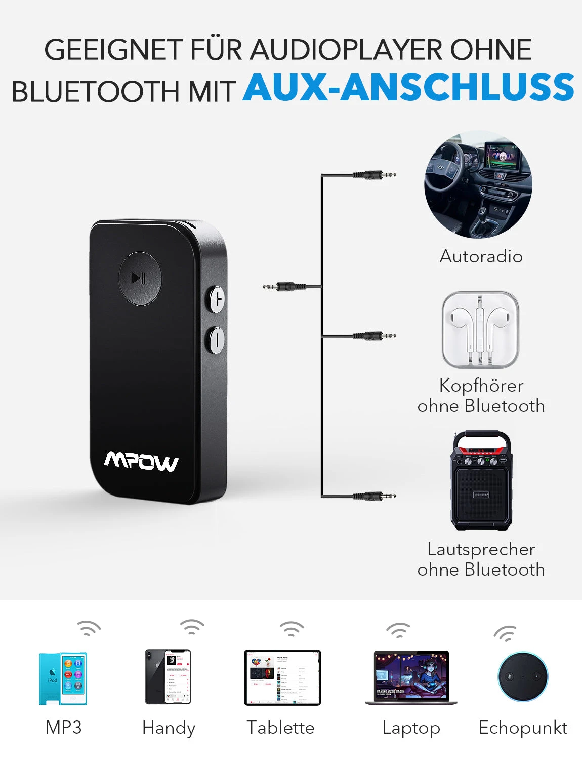 Mpow Bluetooth 5.0 Receiver, Wireless Aux Bluetooth Adapter, Portable Bluetooth Audio Adapter With Hands-free Calls And Voice Assistant For Car And Home Stereo Systems 9 Mpow Bluetooth 5.0 Receiver, Wireless Aux Bluetooth Adapter, Portable Bluetooth Audio Adapter With Hands-free Calls And Voice Assistant For Car And Home Stereo Systems - Image 7